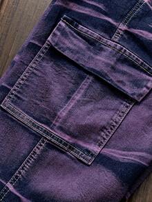Y2K Jeans Men's Color Block Denim Pants, Gradient Multi-Pocket Jeans,  Two-Tone Washed Street Style Versatile Jeans, Mid-Rise Stretch Slim Fit Classic Five-Pocket Design, All-Season Wear, Elastic Fabric Suitable For Machine Wash - 紫色 - 查看 3