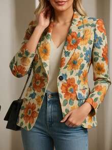 女士优雅休闲花卉印花翻领西装外套，春秋季 - 彩色 - 查看 1