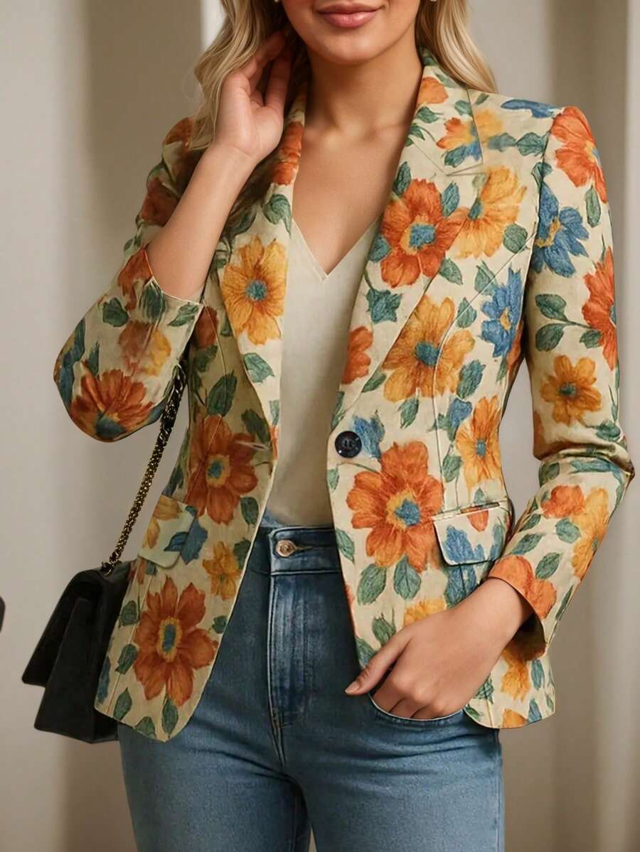 女士优雅休闲花卉印花翻领西装外套，春秋季 - 彩色 - 查看 1