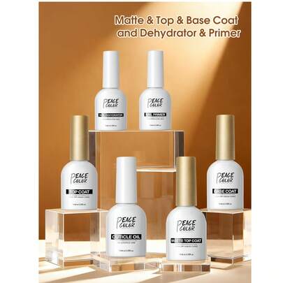 peacecolor 10ml No-Wipe Base Coat & Glossy Top Coat, Nail Dehydrator & Base Coat, Matte Top Coat, Cuticle Care Oil - Complete Manicure DIY Salon Tools Starter Kit, Great Gift For Women Nails