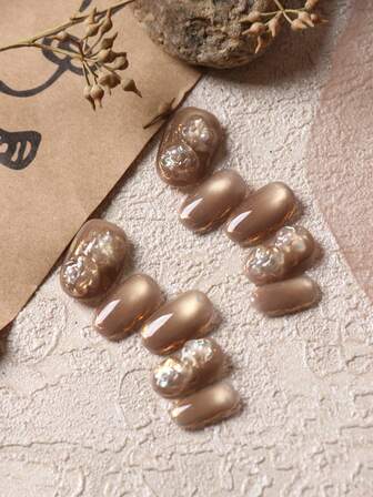 10 piezas de uñas postizas acrílicas de color marrón claro, uñas de ojo de gato con efecto aurora, kit de uñas falsas cortas para uso diario en la oficina que incluye 1 hoja de pegatinas adhesivas y 1 lima mini