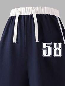 Tween Girl Numeric Print Asymmetric Shoulder Short Sleeve Top And Pants Set - Royal Blue - View 5