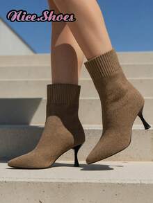 2025新款女士尖头修身踝靴，优雅踝靴，简约时尚显瘦舒适高跟靴，百搭各种服饰，现有黑色、米色、酒红色、红色、紫红色可选。 - 卡其色 - 查看 6