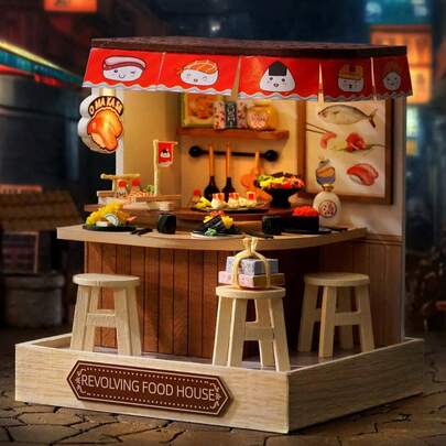 寿司店 - 建筑模型装饰，带防尘罩，厨房/卧室/店铺场景，房间装饰，3D拼图DIY手工微缩模型套件，包含家具，青少年及成人圣诞节/生日礼物，无需胶水或电池