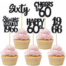 10/20pcs Black 60th Birthday Cupcake Toppers - Shiny "Happy 60th, From 1966" Cupcake Toppers, Suitable For 60th Wedding Anniversary Party Decorations, Highly Rated For Its Cute Design - Multicolor - View 2