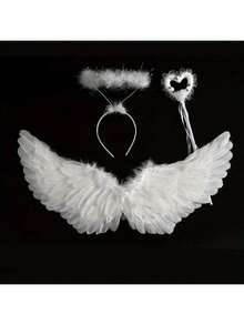 1件装派对天使白色羽毛翅膀魔杖头箍，适合婚礼、生日、万圣节、圣诞节等场合。
