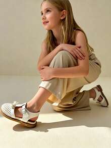 Girls Flats Sandals Kids Adjustable T-Strap Mesh Breathable Bow Hook And Loop 3-12Y Off-White - Beige - View 7