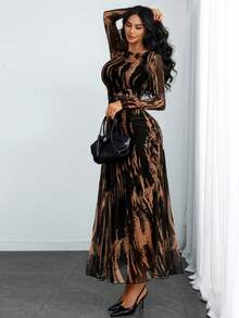 Women's Gothic Style Sexy & Elegant Modern Contrast Striped Asymmetric Ruffle Waist Double-Layer Mesh Long Sleeve Dress, Suitable For Dates, Vacations And Daily Commute Spring - Multicolor - View 2