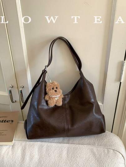 low tea 1pc Solid Color PU Leather Women Shoulder Bag, Vintage Casual Large Capacity One Shoulder Messenger Bag, Double Handle Design, Zipper Closure, Pleated Design, Magnetic Snap Closure, Suitable For Daily Shopping (Sold With Pendant)