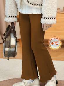 Quần ống loe mỏng cho bé gái, Quần lót giữ nhiệt đơn giản đa năng mùa thu/đông 2025, Quần ống rộng thời trang cho bé gái mặc ngoài trời, Quần dài co giãn thanh lịch cho bé gái - màu nâu - Xem 3