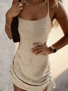 Women's Casual Elegant Sleeveless Tie-Up Knit Dress, Solid Color, Spring/Summer