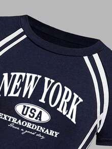 少女数字印花不对称肩部短袖上衣和裤子套装 - 寶藍色 - 查看 3