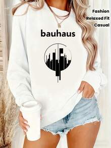Bauhaus Fashion Relaxed Fit Casual Sweatshirt Women Oversized Long Sleeve Graphic Pullover Top Streetwear Urban Style Clothing - 白色 - 查看 1