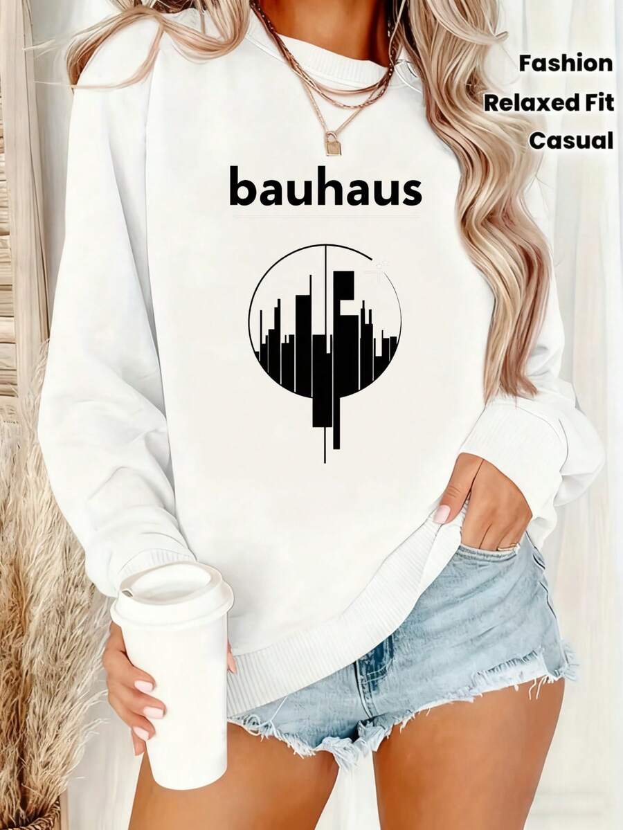 Bauhaus Fashion Relaxed Fit Casual Sweatshirt Women Oversized Long Sleeve Graphic Pullover Top Streetwear Urban Style Clothing - 白色 - 查看 1