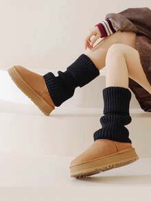 1 Pair Women's Solid Color Striped Thick Warm Decorative Casual Cute Knit Leg Warmers, Suitable For Spring, Autumn And Winter - Beige - View 4