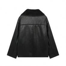 TRAFZA 女士仿羊羔绒外套，休闲柔软麂皮宽松保暖秋冬外套，黑色 - 黑色 - 查看 9
