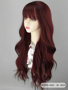 1件合成耐热假发，长款自然波浪红发假发，带刘海，长卷发假发，长度28-30英寸，纤维材质，适合日常佩戴，自然逼真的万圣节假发。 - 彩色 - 查看 5
