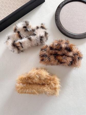 1个女士动物元素豹纹毛绒方形大号发爪夹，时尚百搭发饰，适用于马尾辫、发髻，优雅装饰，时尚发夹