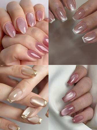 4 paquets (102 pièces) Faux ongles à presser Style français Ongles roses Y2k Ongles moyens en forme de cercueil dégradé Paillettes Brillant Motif géométrique à rayures Impression de feuille Style sobre Faux ongles acryliques réutilisables Fournitures pour ongles Gratuit: 24 pièces d'onglets de gelée et une mini-lime