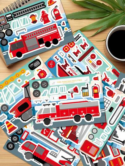 8张消防车工程车贴纸，可爱卡通设计，自粘贴纸，适用于剪贴簿、滑板、吉他、手册、水瓶、笔记本电脑、行李箱等 - 手工艺术贴纸
