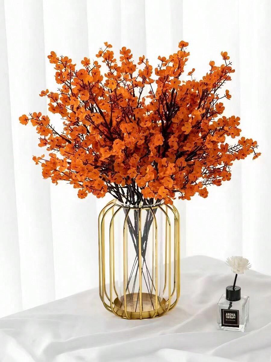 Nejlue Artificial Flowers/Plants1111 Home & Living 1/4Pcs Orange Artificial Baby's Breath & Gypsophila Silk Flower Bouquet, Artificial Plants, Artificial Decorations, Christmas Decor, Wedding Bridal Party, Home DIY Floral Arrangement, Valentine Day, Gifts Birthday Graduation Home Decor Back To School Room Decor School Supplies - Orange - View 1