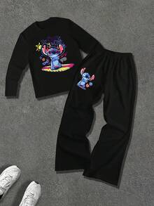 Disney طقم تيشيرت بأكمام طويلة وبنطال فضفاض واسع، مميز بتصميم ألوان سادة وطباعة رسومات خياطة، طراز كاجوال مناسب للارتداء اليومي والجري وغيرها من المناسبات، متعدد الاستخدامات للربيع والخريف