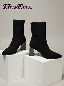 2025新款女士粗跟尖头靴，弹力修身靴，袜靴，高跟踝靴，绑带，黑色保暖靴，高跟中筒粗跟靴，舒适时尚尖头高跟鞋，休闲优雅靴，黑色靴，红色靴，棕色靴，咖啡色靴，卡其色靴，棕色靴 - 黑色 - 查看 9