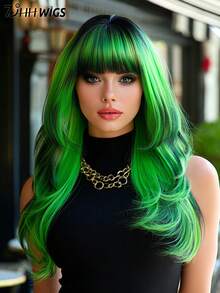 7JHH WIGS 这款24英寸绿色黑色渐变长款层次假发，带刘海，专为女性设计，深色发根，采用柔软耐热纤维全机织合成直发，适合派对、角色扮演、万圣节、音乐节等各种场合佩戴。 - 薄荷綠 - 查看 2