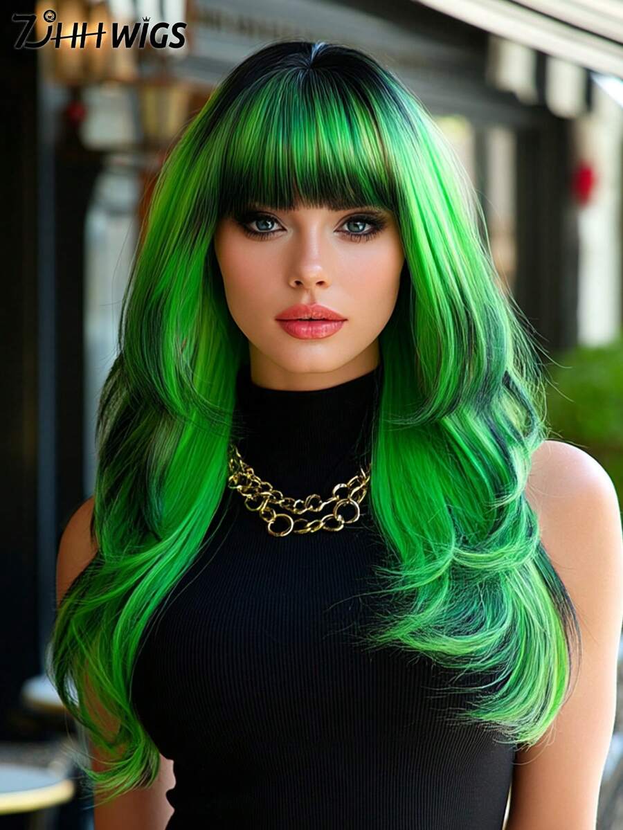 7JHH WIGS 这款24英寸绿色黑色渐变长款层次假发，带刘海，专为女性设计，深色发根，采用柔软耐热纤维全机织合成直发，适合派对、角色扮演、万圣节、音乐节等各种场合佩戴。