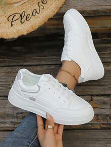 新款女士白色休闲运动鞋，轻便、软底、稳固、厚底、低帮系带圆头，运动鞋，时尚校园风跑步鞋 - 灰色 - 查看 6