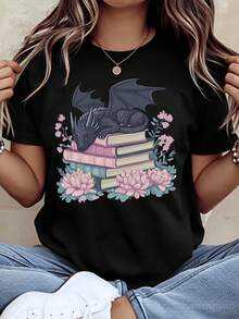 Dragon And Books Stack Floral Design T Shirt For Book Lovers Fantasy Readers Magic Theme Casual Wear For Women And Girls,220g - 黑色 - 查看 1