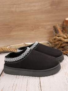 1 Pair Teenage Girls' Winter Solid Color Fashion Low-Top Snow Boots, Thick Warm Slip-On House Slippers For Indoor & Outdoor Wear, Warm & Comfortable - Black - View 5