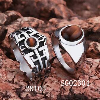 1 pieza Anillo unisex clásico y sencillo de acero inoxidable con gema de ojo de tigre natural genuina, pulido brillante, para fiestas y uso diario