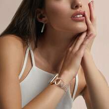 Women's Leather Watch Band For Fitbit Versa 4/Versa 3/Sense 2/Sense - Diamond C-Shaped Gold Buckle Design - Comfortable Sweat-Proof Slim Strap - Stylish Fashionable Multiple Colors - Fits 5.5-8.3 Inch Wrists,Perfect For Business/Dates/Weddings/Parties/Daily Wear - Ideal Women's Gift Premium Replacement Band Accessories - Starlight + Rose Gold - View 3