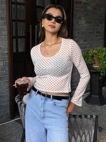 Livesso 女士波点半透明长袖圆领打底衫，春夏款 - 杏色 - 查看 3