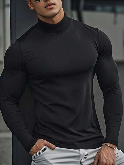 1pc Men's Solid Color Long Sleeve Mock Neck T-Shirt, Spring/Autumn