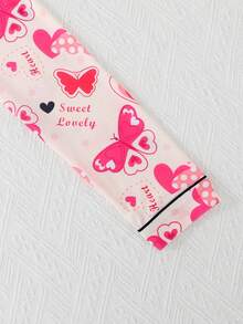 2件套女童及青少年休闲蝴蝶爱心印花翻领长袖开衫和长裤睡衣套装，阻燃，四季皆宜