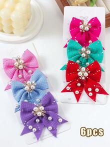6pcs Candy Color Rhinestone Textured Bow Hairpins, Elegant Pearl Crystal Solid Color Barrettes, Graceful Girl Princess Hair Accessories For Daily Wear And Party - Multicolor - View 11