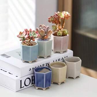 2pcs Japanese Style Ceramic Succulent Planter, Hexagon Shape, Mini Flower Pot Set, Colorful Macaron Colors, Durable Crackle Glaze, Ideal For Desk, Balcony, Garden Decor