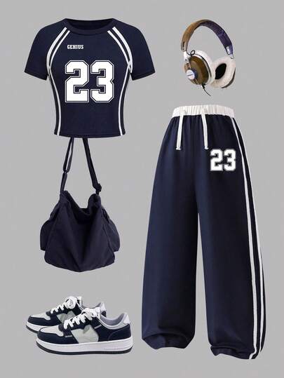 Tween Girl Numeric Print Asymmetric Shoulder Short Sleeve Top And Pants Set