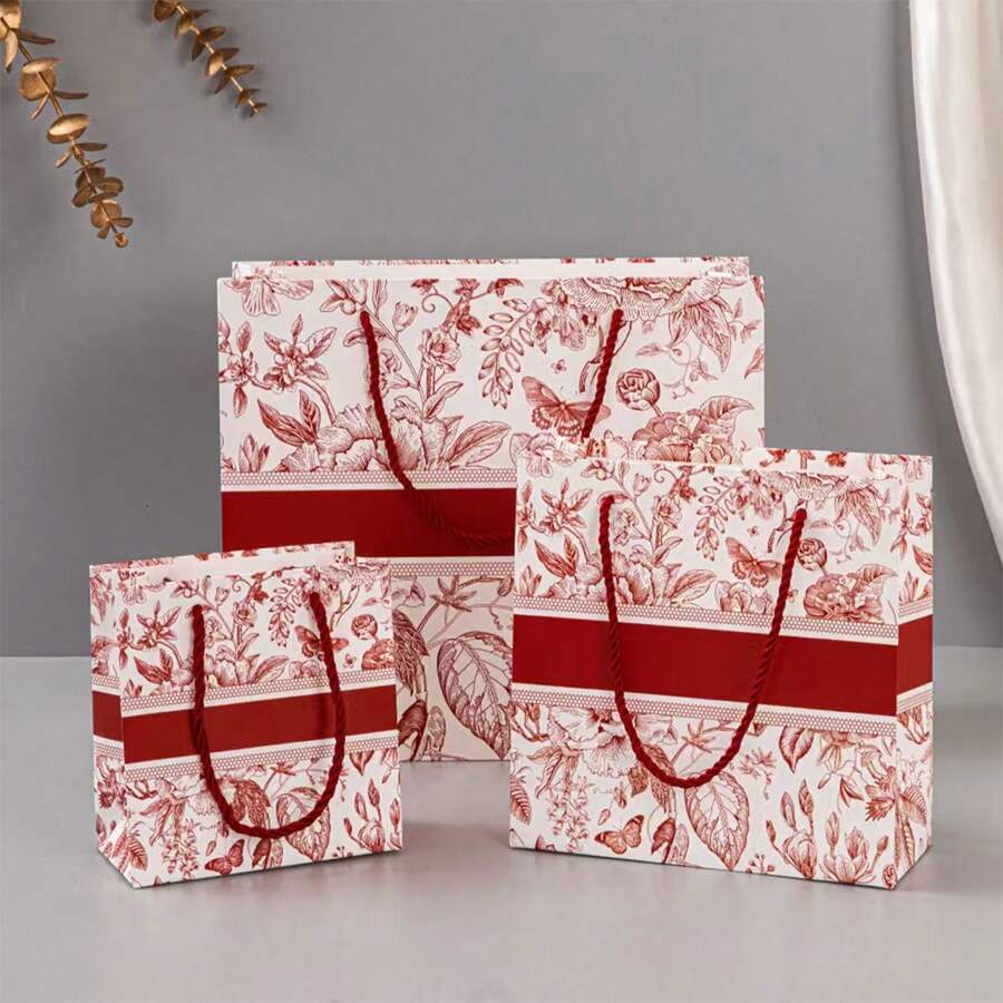 1/5pcs Vintage Red Gift Bags, Holiday Tote Bags, Floral Paper Bags, High-End Souvenir Gift Bags, Party Favor Packaging Bags, Wedding Favor Bags, Valentine's Day Gift Bags, Easter Gift Bags, New Year Gift Bags