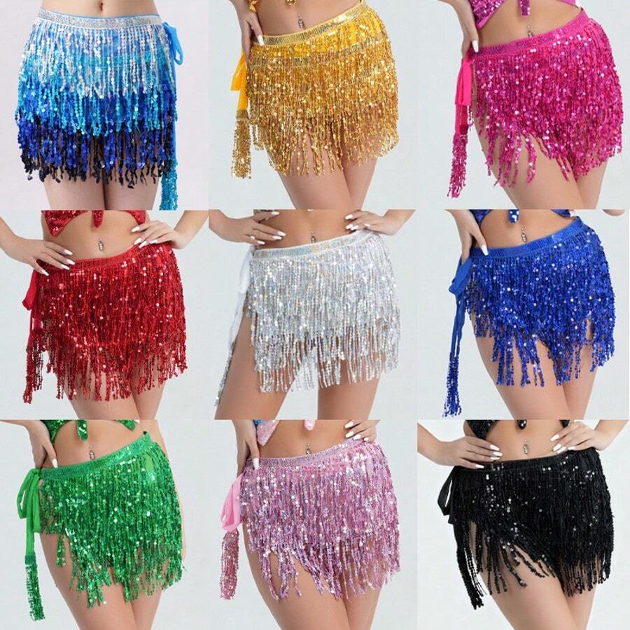 Women's Belly Dance Skirt Sparkly Sequined Fringe Wrap Hip Scarf, Festival Rave Carnival Costume, Burlesque Tassel Skirt For Women Party