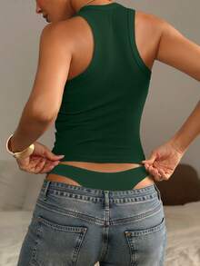 Mystra Summer Minimalist Retro Solid Color Ribbed Knit Versatile Chic Casual U-Cổ Camisole - Xanh đậm - Xem 4