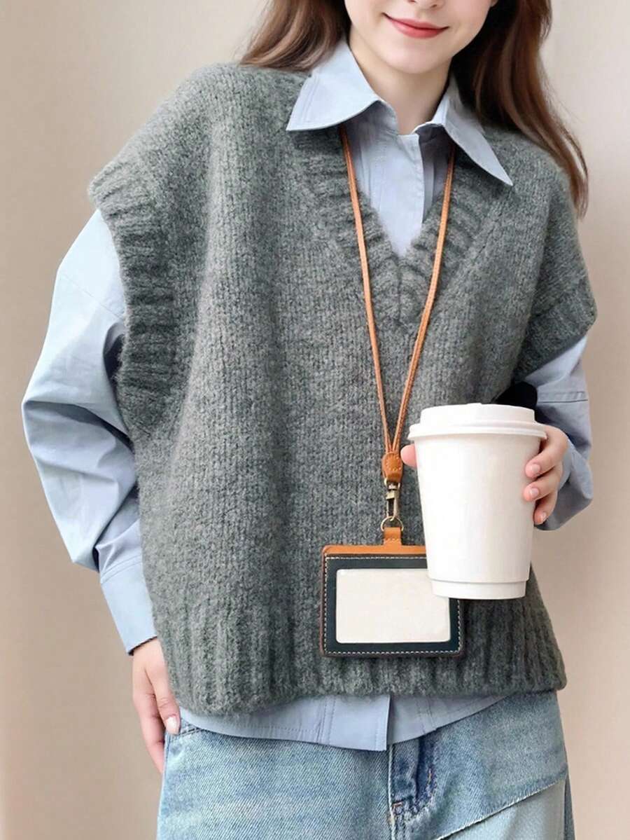 Alicedudu Women's Autumn/Winter Minimalist V-Neck Pullover Vest - Light Grey - View 1