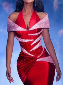 Astony One 奢华优雅红色无肩带晚礼服，饰有粉色亮片点缀的肩部、性感紧身细肩带领口、束身胸衣式上身和美人鱼裙摆。这款飘逸的及地长裙是婚礼、订婚、生日派对、红毯活动、慈善晚宴、单身派对、音乐节和其他特殊场合的完美之选。 - 紅色 - 查看 11