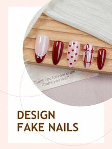 24pcs French Red Nail Stickers, Medium Almond Shape, White Heart Bow Decor, Grid Design, Sweet Y2K Korean Style, Smooth Surface, Full Coverage False Nails, Suitable For Women & Girls, Valentine's Day & Daily Wear