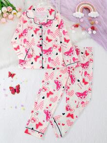 2件套女童及青少年休闲蝴蝶爱心印花翻领长袖开衫和长裤睡衣套装，阻燃，四季皆宜