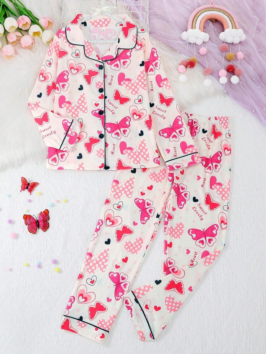 2件套女童及青少年休闲蝴蝶爱心印花翻领长袖开衫和长裤睡衣套装，阻燃，四季皆宜