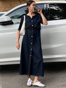 Livesso 女士深蓝色短袖收腰口袋装饰缝线长连衣裙，秋冬款 - 深色水洗藍 - 查看 6