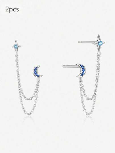 2 piezas Pendientes de botón con colgante de estrella y luna decorados con circonita cúbica, joyería hipoalergénica como regalo para mujeres
